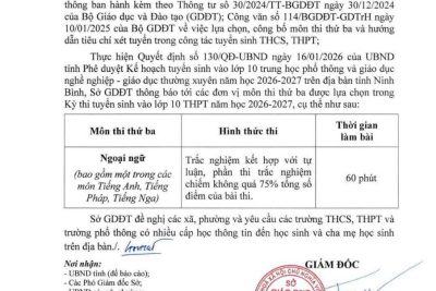 CÔNG BỐ MÔN THI THỨ 3 VÀO LỚP 10 THPT NĂM HỌC 2026–2027